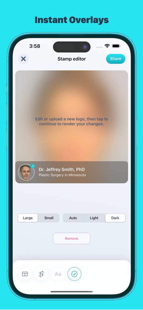 Interfaccia professionale di branding e editor di timbri per professionisti della medicina estetica.