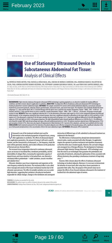 Digital interface of the JCAD app displaying an original research article on clinical dermatology