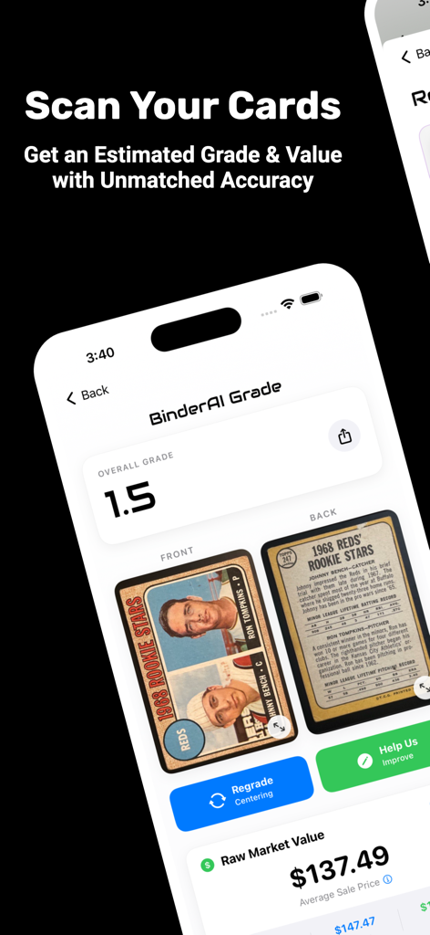 Binder AI: Card Grading Tool - A smartphone screen displaying the Binder AI app interface showing a 1.5 grade and market value for a 1968 Reds Rookie Stars baseball card.