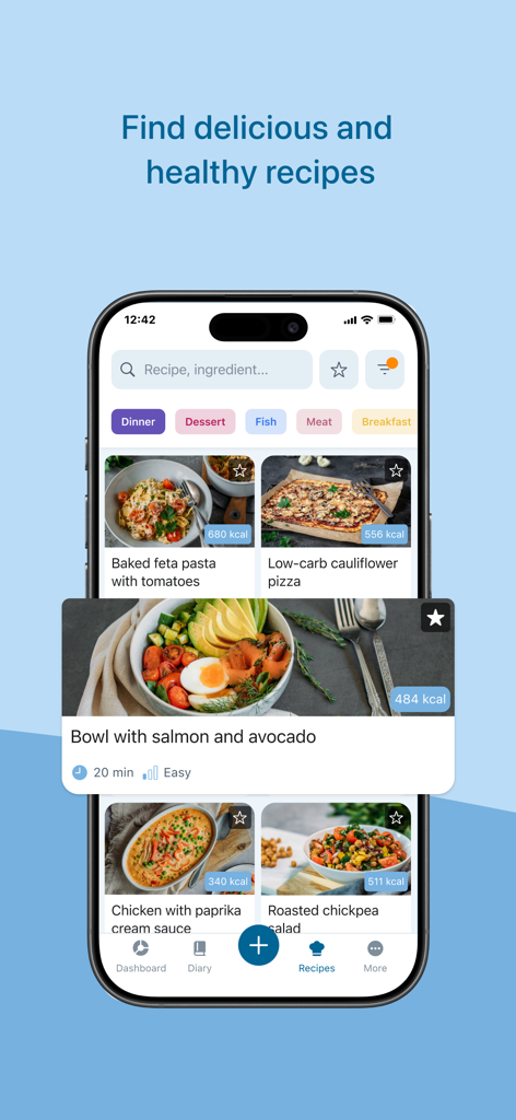 Fddb app screen showing healthy recipes with calorie counts and preparation times