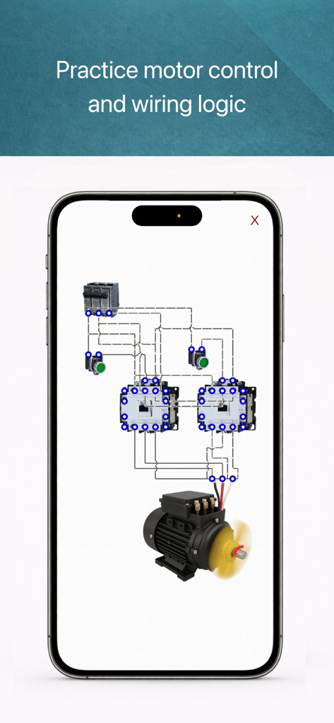 Smartphone screen showing electrical motor control wiring logic simulation in ElectroSim app