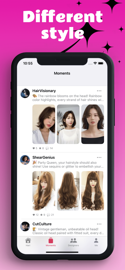 Harier - Harier mobile app Moments screen showing a social feed of various trendy women hairstyles
