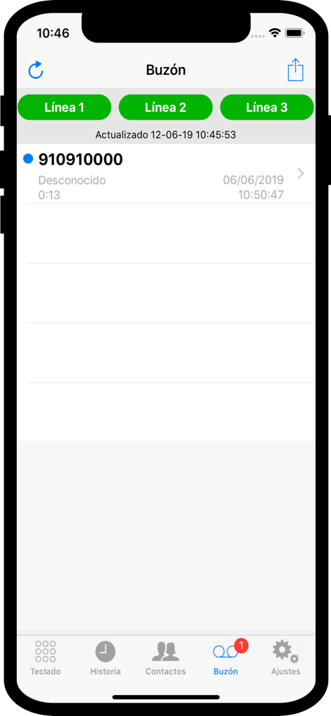 Voip Duocom - softphone SIP - Voip Duocom mobile app interface displaying the voicemail inbox with multiple line options
