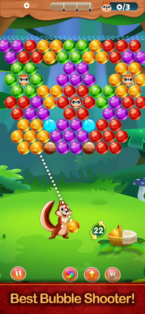 Ballon Shooter : Pop & Blast - Écran de gameplay de Ballon Shooter montrant un personnage écureuil visant des bulles colorées dans un décor de forêt