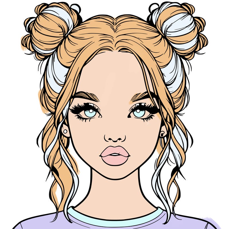 realistic girl with two buns in hair and lips