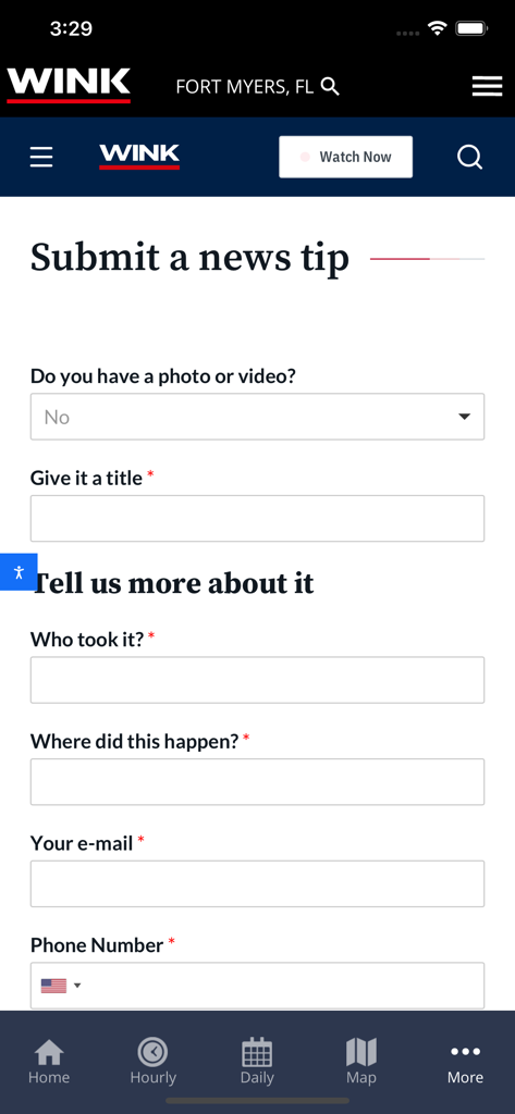 A screenshot of the Submit a news tip form in the WINK Weather app for local community reporting