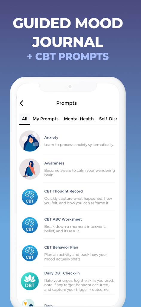Mood Tracker Journal - Guided mood journal app screen showing CBT and DBT prompts for anxiety and mental health.