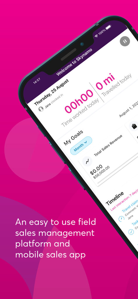 Skynamo - Panel de control de la aplicación móvil Skynamo que muestra los objetivos de ventas de campo y el seguimiento del tiempo en un smartphone