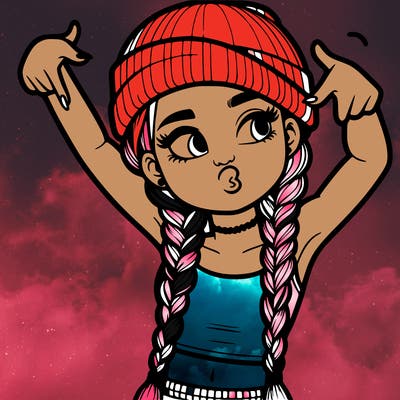 realistic teenage girl with braids and a beanie and crop top doing 🫶🏼