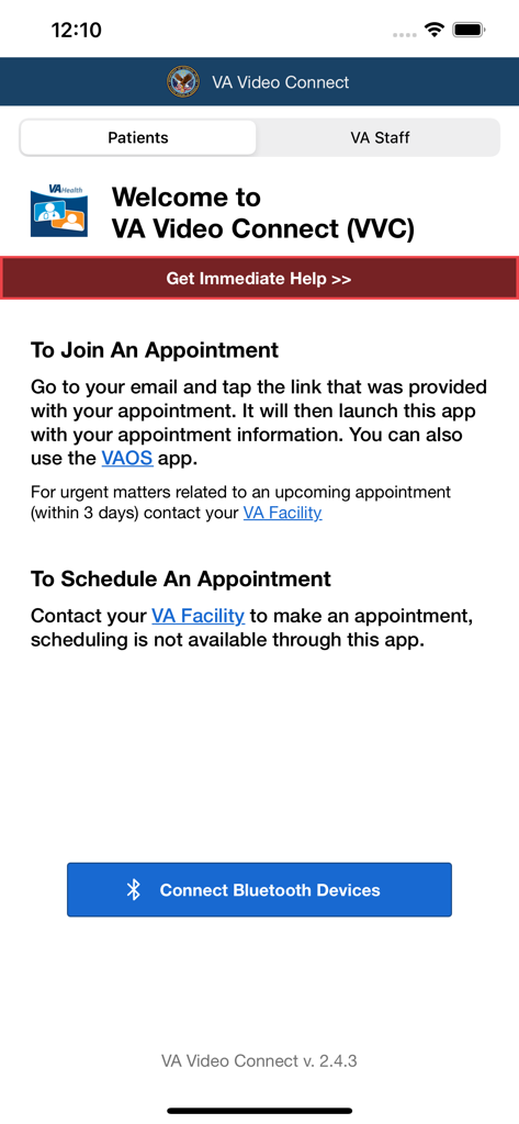 VA Video Connect app welcome screen with instructions for patients to join or schedule a virtual medical appointment