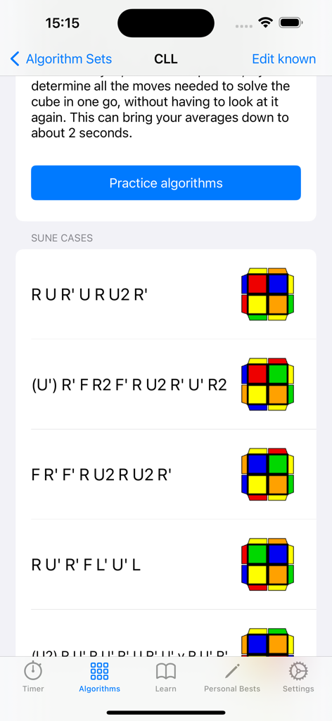 The Cube App Pro - Interface de The Cube App Pro affichant une liste d'algorithmes de cube CLL avec notation et diagrammes visuels.