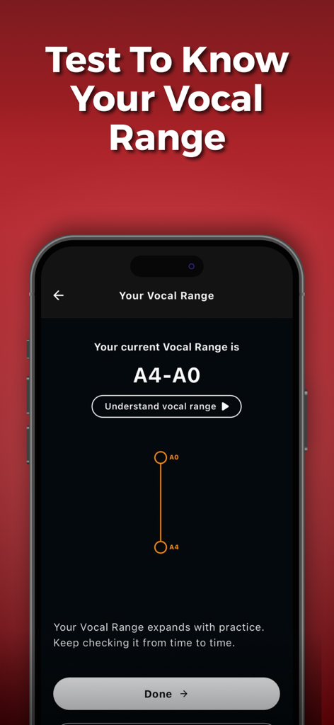Padhanisa: Learn to Sing Songs - Interface of the Padhanisa app displaying a vocal range test result with a vertical scale and current range of A4 to A0.
