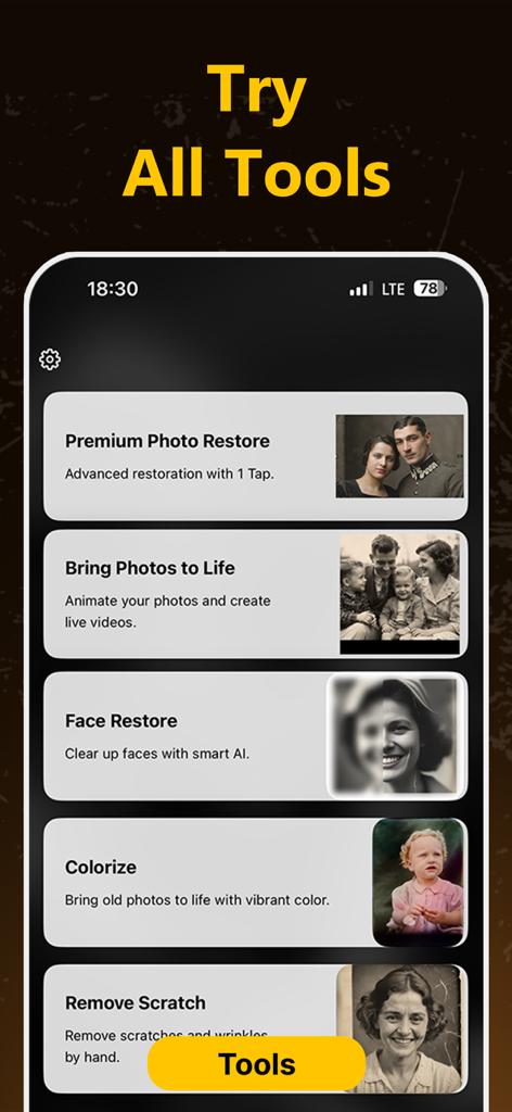 Nostalgia・Fix Old Photo&Repair - A list of tools in the Nostalgia app for photo restoration, animation, and colorization.