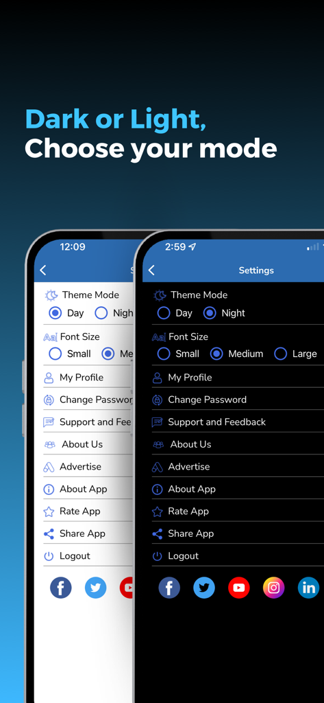 Side by side view of Marine Insight app settings menu in light and dark mode showing theme and font size options