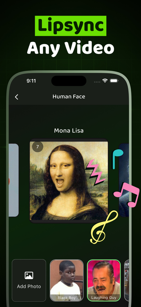 Interface of Damble app showing an AI lip sync animation applied to the Mona Lisa painting