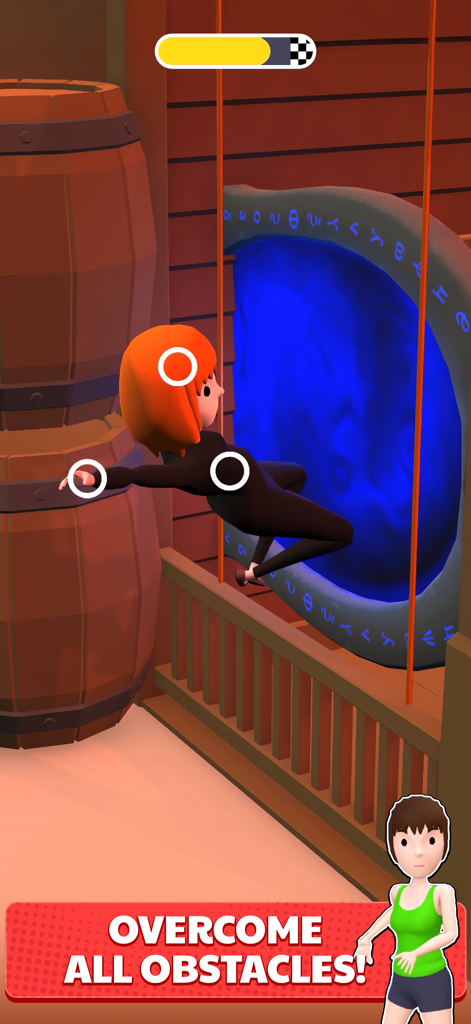 Move People - Un personaje de marioneta femenino siendo manipulado con puntos táctiles para navegar a través de obstáculos en Move People