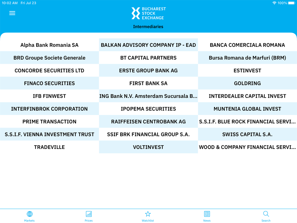 Liste des intermédiaires financiers et des courtiers sur l'application iPad de la Bourse de Bucarest