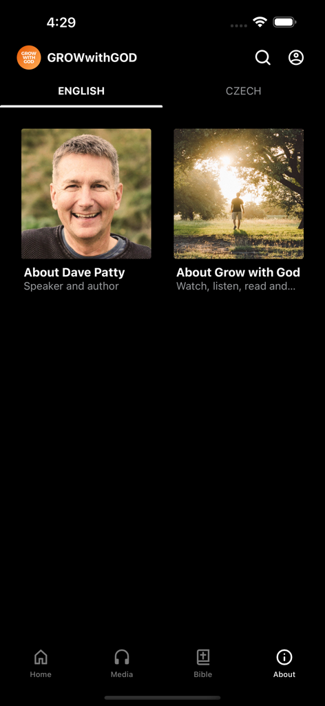 About section of the Grow with God app featuring author Dave Patty and ministry information