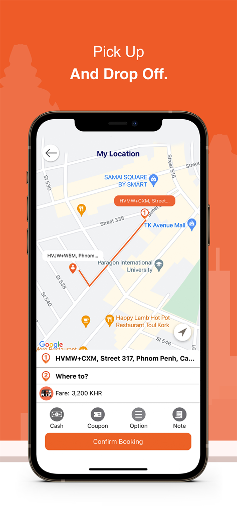 PassApp Taxi and Delivery - Écran de l'application mobile PassApp montrant une interface de carte pour sélectionner les lieux de prise en charge et de dépose pour un trajet en taxi à Phnom Penh