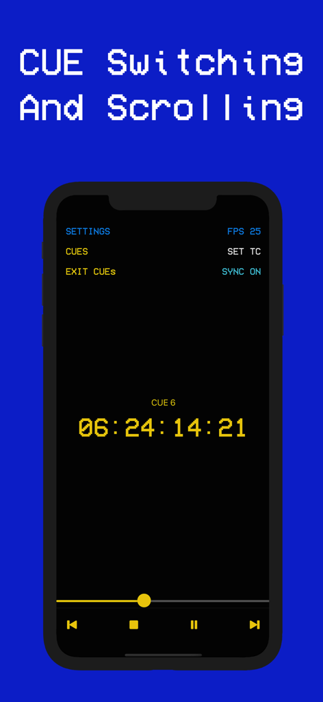 Timecode Gen - Timecode Gen app interface showing the cue switching and scrolling feature with a large digital timecode display