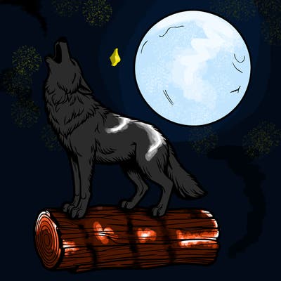 a realistic wolf on a ledge howling to the moon