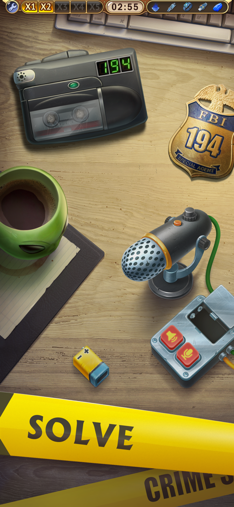 Mystery Manor: hidden objects - A detective desk in Mystery Manor featuring an FBI badge recording equipment and crime scene tape