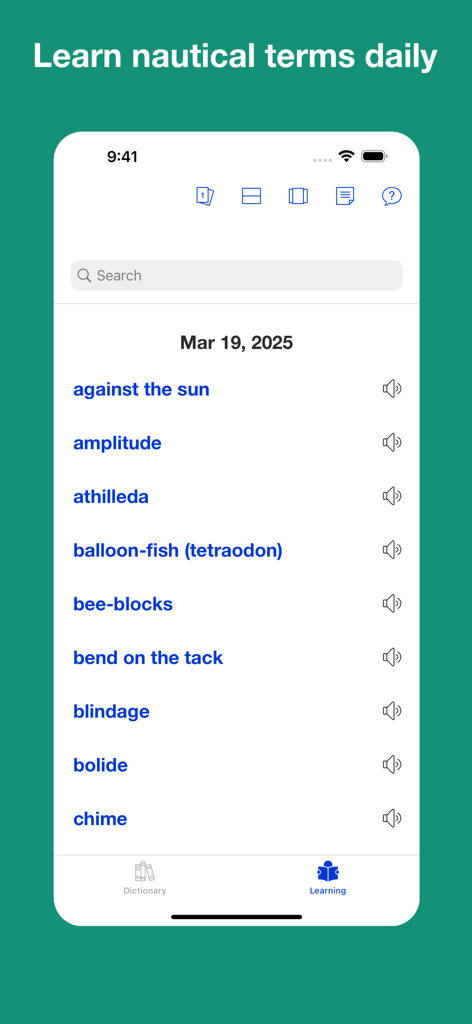 Dictionary of Nautical Terms - Pantalla de aprendizaje de la aplicación de diccionario náutico que muestra términos marítimos diarios.