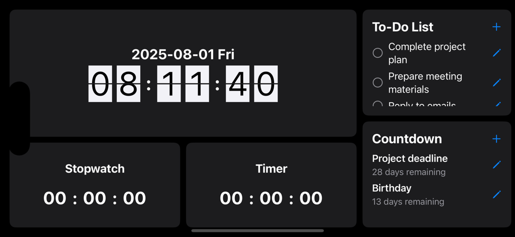 极简多功能时钟:桌面时钟翻页时钟全屏时间显示悬浮时钟 - A minimalist dark mode app dashboard featuring a flip clock, to-do list, stopwatch, and countdown timer.