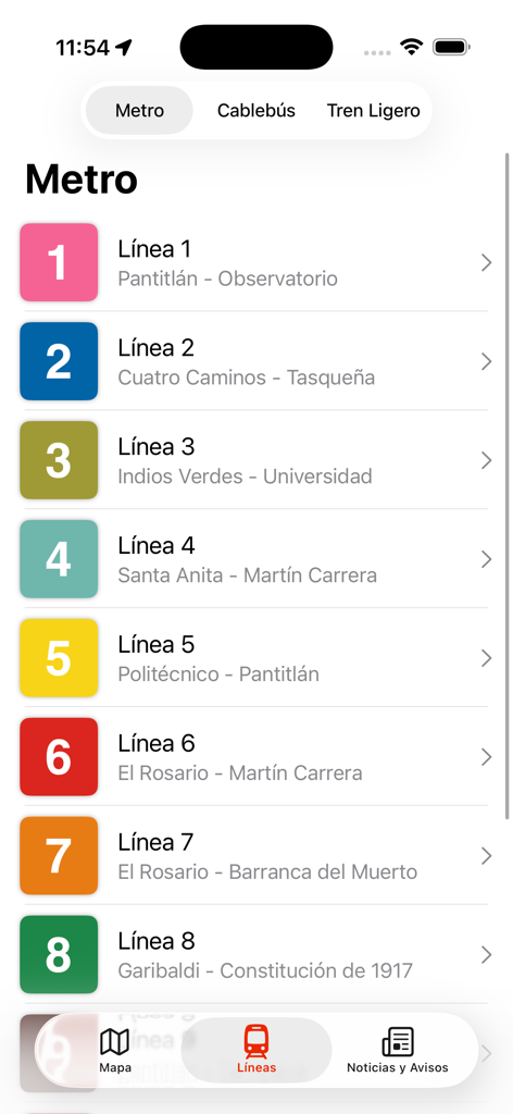 Uma lista das linhas do metrô da Cidade do México na interface do aplicativo Metro CDMX mostrando rotas da Linha 1 à Linha 8 com ícones codificados por cores.