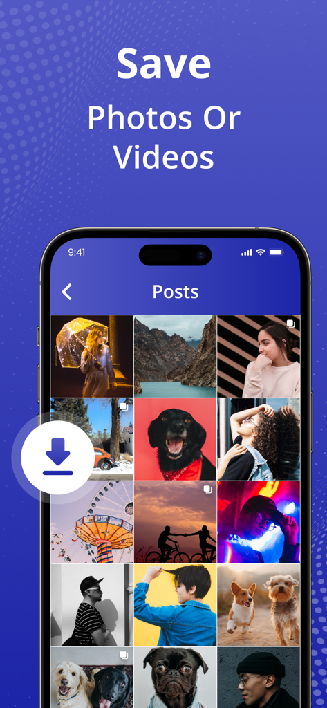 Video Downloader - HD - A mobile screen showing a grid of photos and videos with a large download icon and text that reads Save Photos Or Videos.