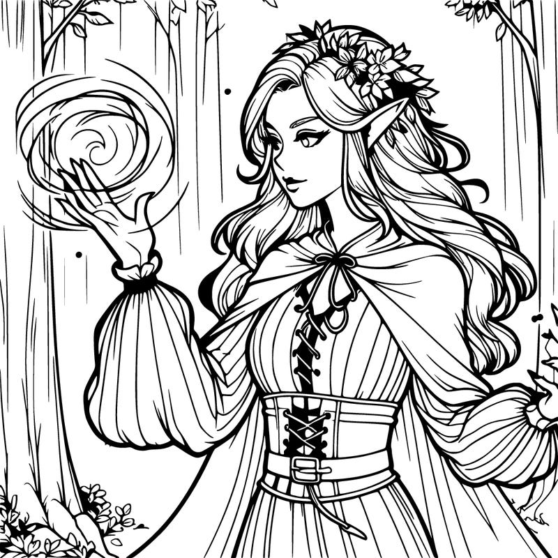 realistic elf in forest using her magic powers