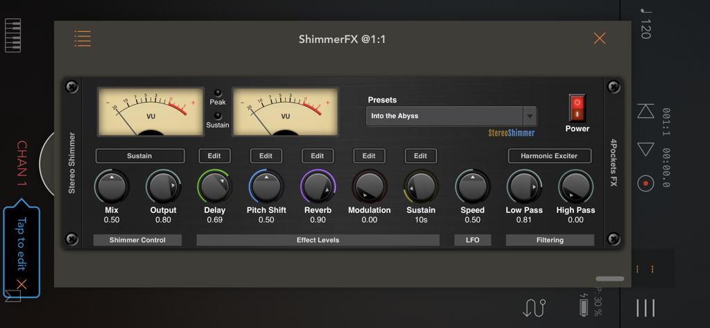 Shimmer AUv3 Audio Plugin - User interface of the Shimmer AUv3 audio plugin showing VU meters and various control knobs for sound design