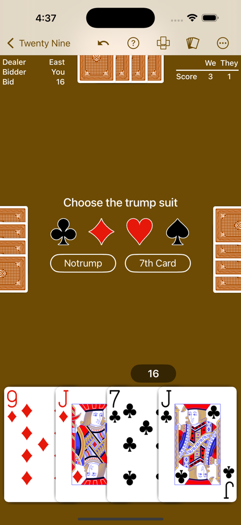 Pantalla de selección de palo de triunfo en la interfaz de la aplicación móvil 29 Card Game
