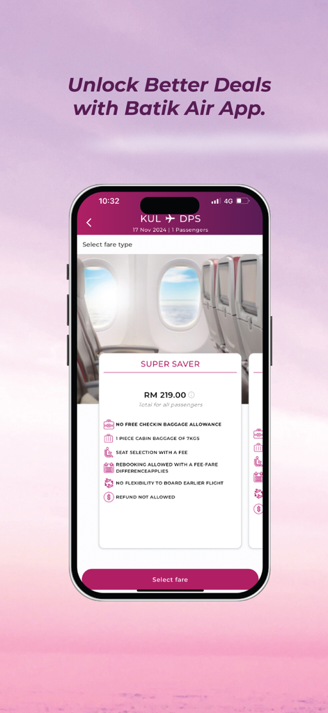 クアラルンプールからバリへのフライトのスーパーセーバー運賃オプションを表示するBatik Airアプリの画面