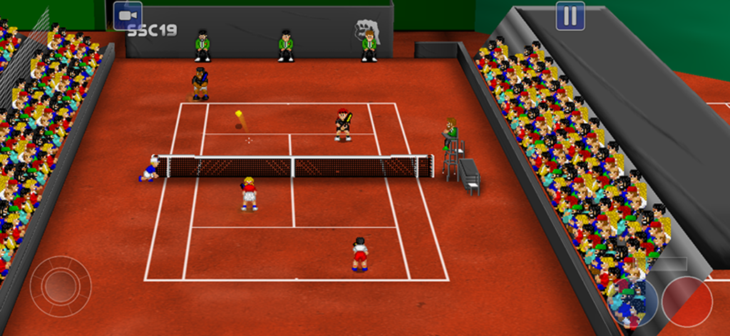 Retro pixel art tennis doubles match on a red clay court with audience and touch controls