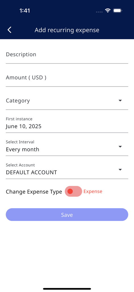 Simple Budget: Expense Manager - Una pantalla de aplicación móvil para agregar un gasto recurrente con campos para descripción, monto, categoría e intervalo.