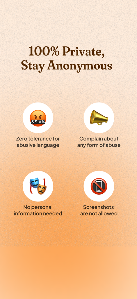 Eaze App: Talk & Feel better - 虐待に対するゼロトレランスや匿名プロフィールなどのEazeアプリのプライバシー機能を表示する画面。