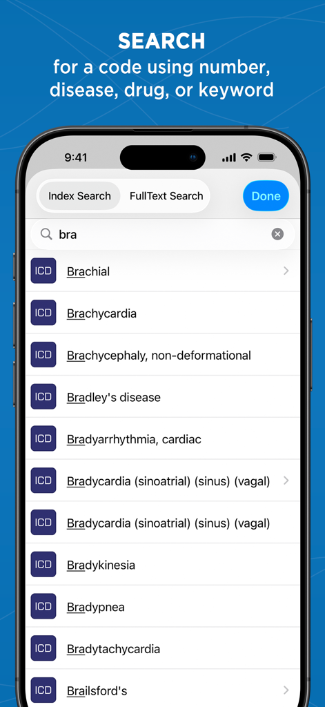 Mobile search interface for the ICD 10 Coding Guide app showing medical terminology results.