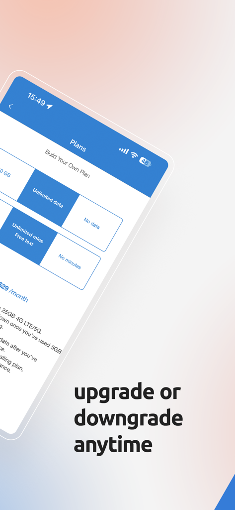 Interfaz de la aplicación My Tello que muestra opciones de personalización de planes móviles flexibles para datos y minutos