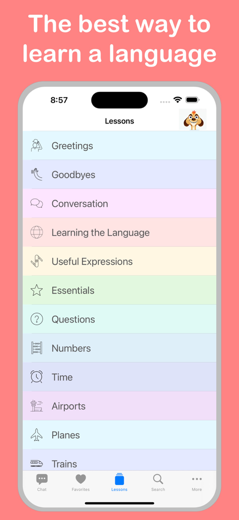 Oberfläche der Italienisch-Lern-App mit praktischen Lektionskategorien wie Begrüßungen, Konversation und Reiseutensilien