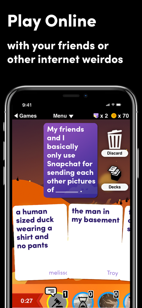 Evil Apples app gameplay showing funny card combinations and the online play feature with friends
