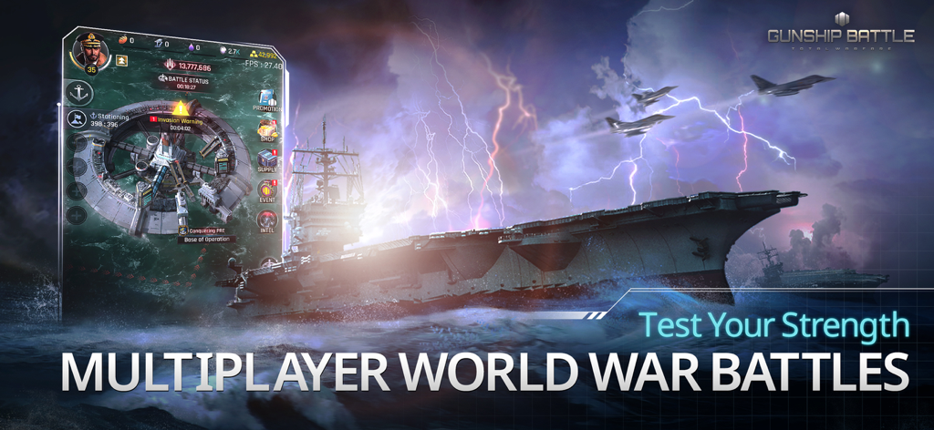 Gunship Battle Total Warfare - Aircraft carrier and fighter jets in a stormy sea with the text Multiplayer World War Battles