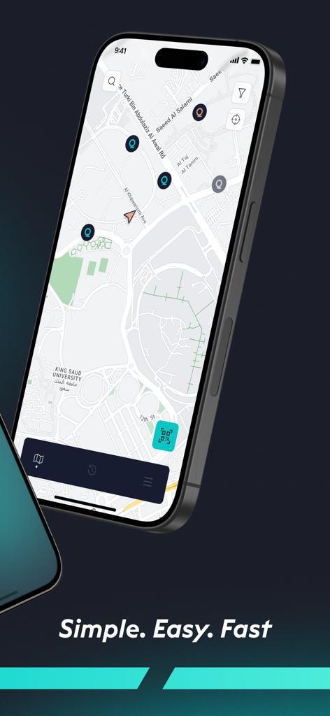EVIQ: EV Charging Network - EVIQ app on an iPhone displaying a map of Saudi Arabia with electric vehicle charging station locations.