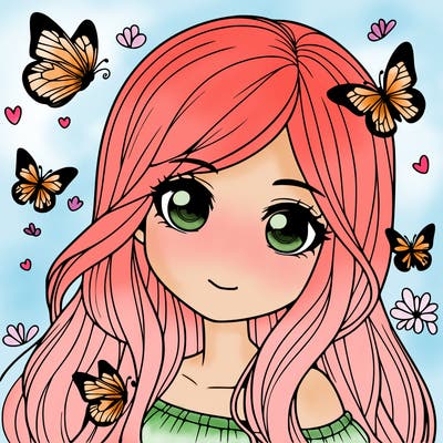 realistic girl with butterflies around her