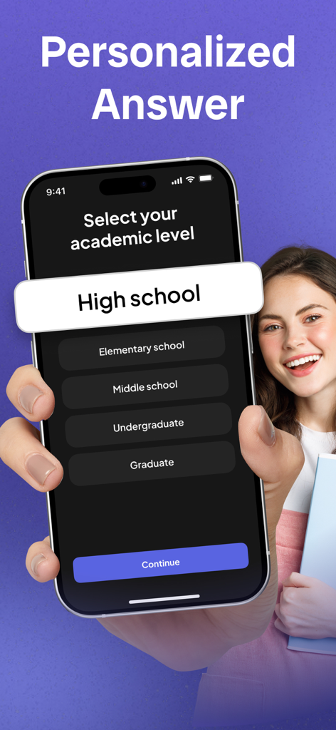 Ghelper: AI Study Companion - Interface of the Ghelper AI Study Companion app showing academic level selection options including high school and undergraduate