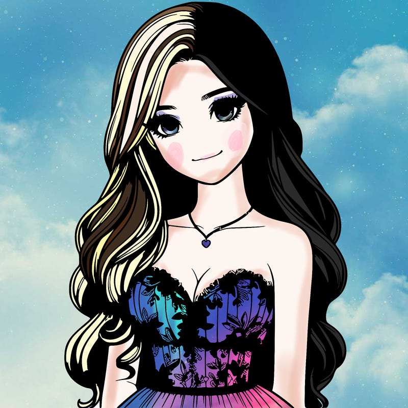 realistic girl with long hair and pretty prom dress