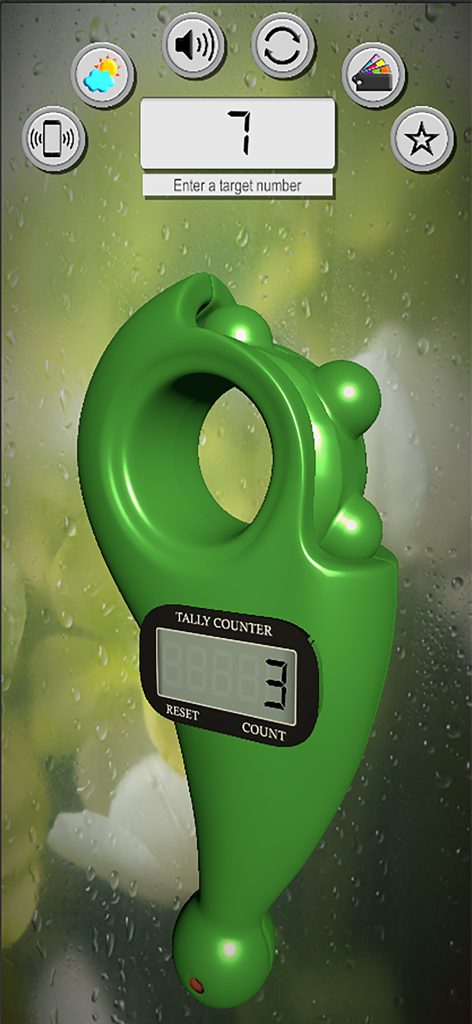 A realistic green 3D digital tasbeeh counter against a background of a rainy window with modern interface buttons