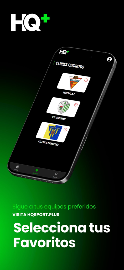 HQ Sport + - Interface de l'application HQ Sport plus affichant une liste de clubs de football préférés à suivre