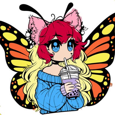 a realistic butterfly/furry girl drinking boba