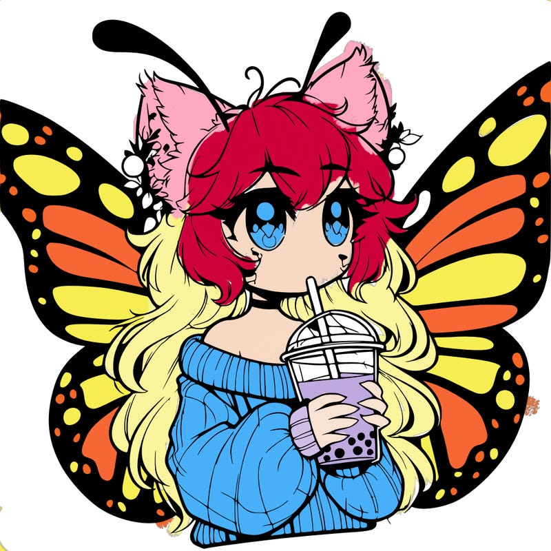 a realistic butterfly/furry girl drinking boba